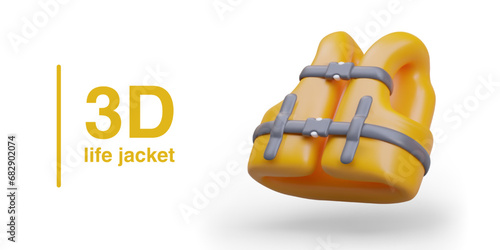 Poster with realistic life jacket in yellow color. World drowning prevention concept. Poster with place for text. Vector illustration in 3D style with shadow
