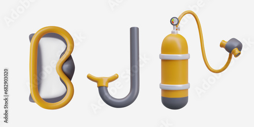 Set of items for scuba diving. Mask with transparent glass, snorkel, oxygen cylinder with pressure regulator. Isolated realistic illustrations. Professional diver equipment