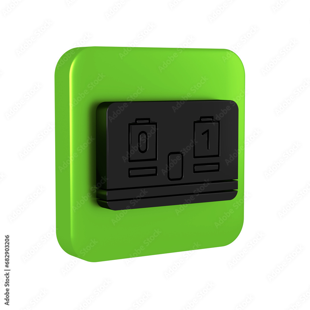 Black Sport hockey mechanical scoreboard and result display icon isolated on transparent background. Green square button. Black Sport hockey mechanical scoreboard and result display icon isolated on transparent background. Green square button.