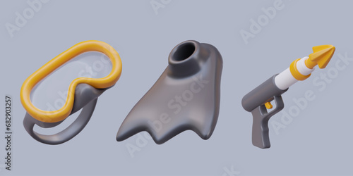 Composition with glasses, fin, and spearfishing harpoon with yellow arrow on gray background. Undersea excursion concept. Vector illustration in 3d style