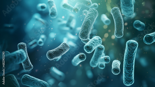 Bacteria on water background. Legionella pneumophila, a gram-negative bacillus that causes pneumonia. Microscopic illustration.