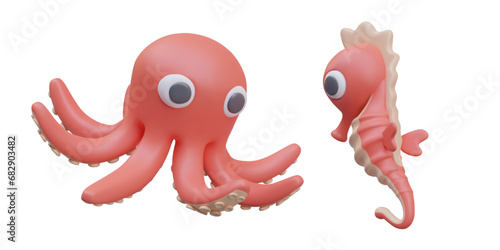 Composition with seahorse and octopus. Cartoon marine animals swimming on white background. Realistic animals for computer game. Vector illustration in 3d style