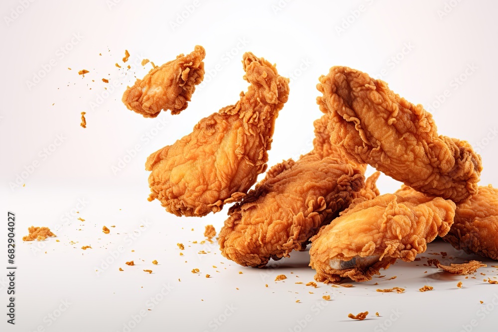 Flying crispy fried chicken, captured in isolation against a pristine white background, showcasing its golden-brown perfection and irresistible crunch. Flying crispy fried chicken, captured in isolation against a pristine white background, showcasing its golden-brown perfection and irresistible crunch.