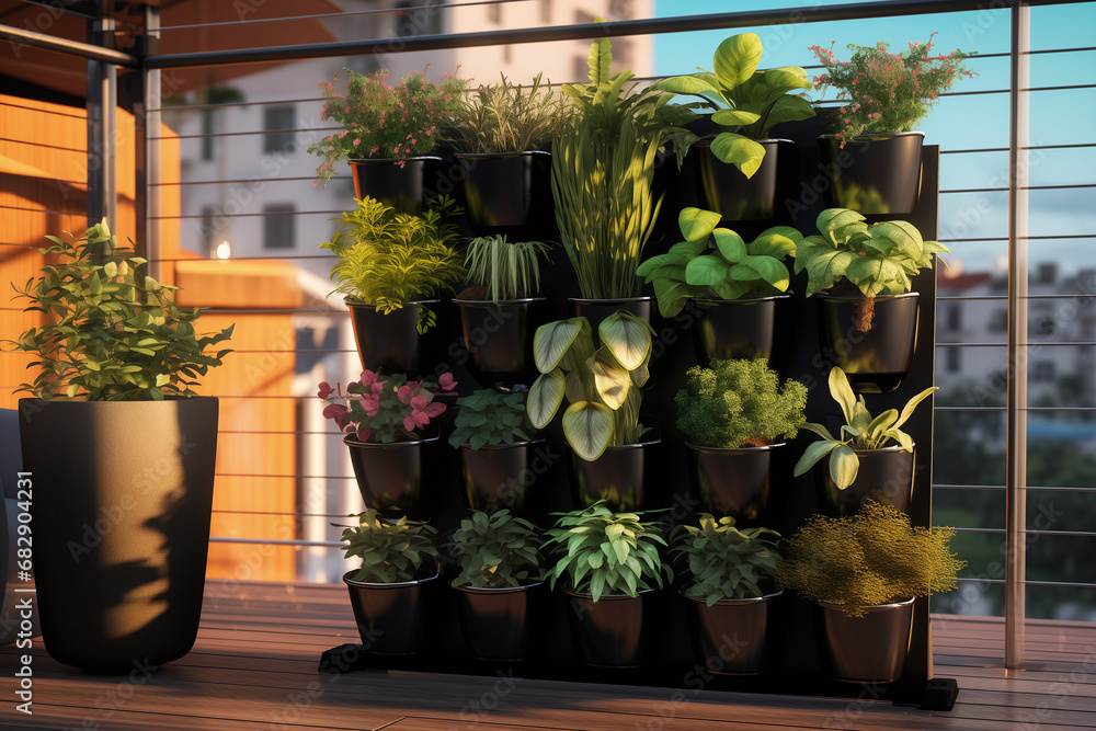 Balcony herb garden concept. Modern vertical lush herb garden planter ...
