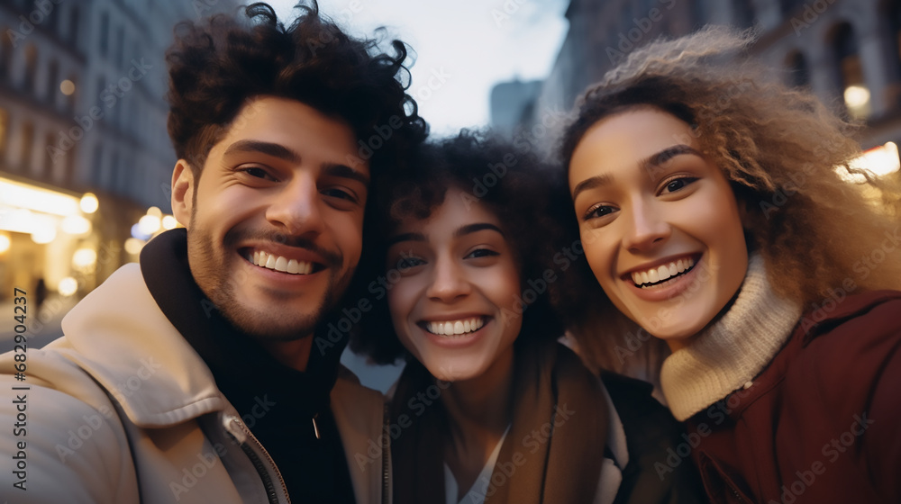 Fototapeta premium Multiracial friends taking selfie pic with smart mobile phone outside