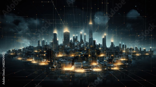 Abstract cityscape of connected particles, representing the energy of a digital metropolis that pulsates