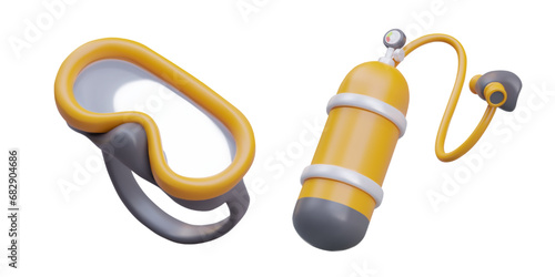 Oxygen cylinder with mask for breathing under water, mask for underwater swimming. Set of devices for scuba diver. Professional equipment. Illustrations for online store, rental business