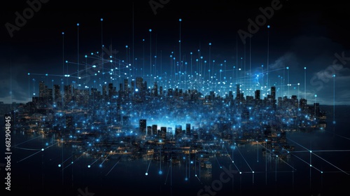 Abstract cityscape of connected particles, representing the energy of a digital metropolis that pulsates
