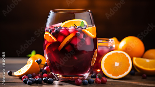 Winter orange and berry sangria with sliced oranges and blueberries in wine glass