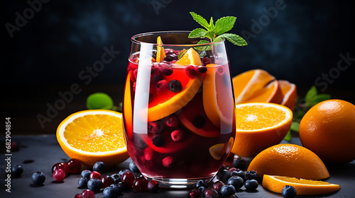 Winter orange and berry sangria with sliced oranges and blueberries in wine glass