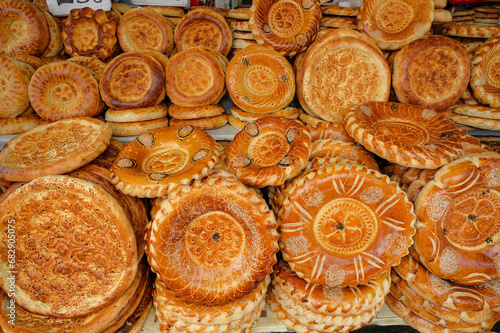 A stall selling bread in the Osh Bazaar in Bishkek, Kyrgyzstan.