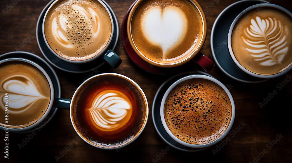 Multiple cups of coffee with variety of coffee drinks Multiple cups of coffee with variety of coffee drinks