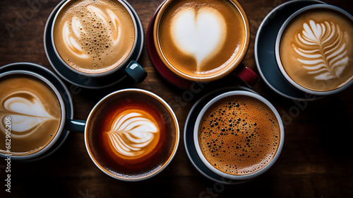 Multiple cups of coffee with variety of coffee drinks