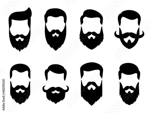 Set bearded hipster men faces with different haircuts, mustaches, beards. Trendy man avatar, silhouettes, heads, emblems, icons, labels. Barber shop vector illustration