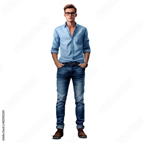 Cool man in fashion of jeans on transparent background PNG. Fashion concept of jeans.