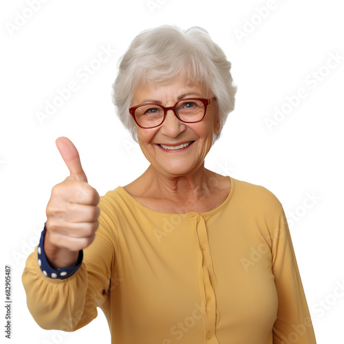Elderly healthy women are giving a great thumbs up and smiling happily on PNG transparent background.