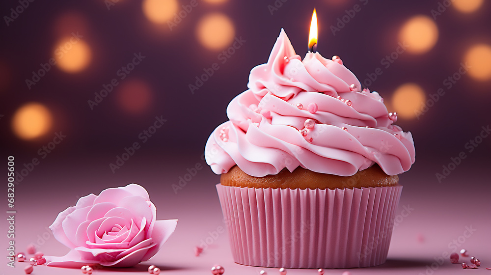 Birthday cupcake with a candle on a bokeh background, Happy Birthday, celebration, Valentines Day, Romantic, Anniversary Birthday cupcake with a candle on a bokeh background, Happy Birthday, celebration, Valentines Day, Romantic, Anniversary