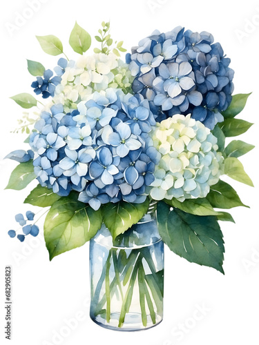 Watercolor illustration of blue hydrangeas flowers arrange in vase.  Beautiful bunch of flowers. Creative graphics design. 