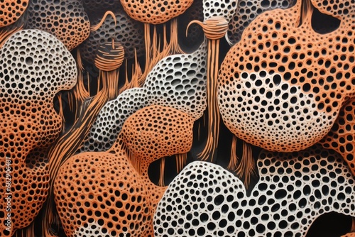 An abstract painting with orange and black dots, AI photo