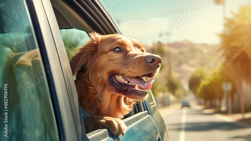 Golden retriever sticking head out the window made with Ai generative technology