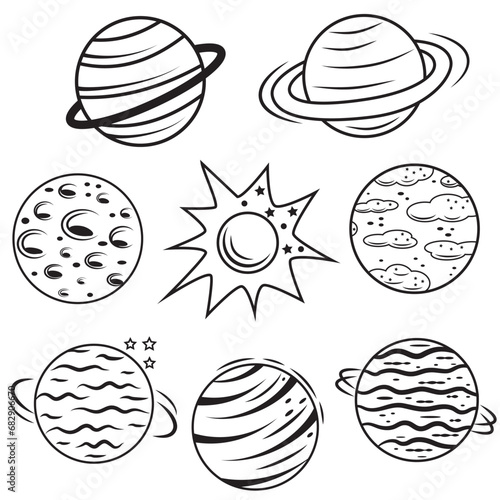 Abstract doodle-style planets, black outline, vector illustration