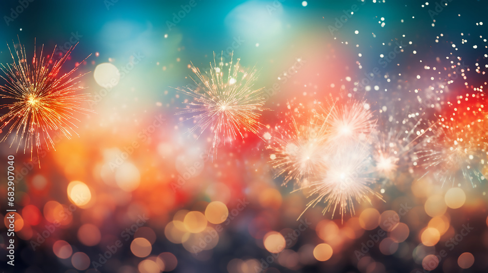 Fototapeta premium Happy New Year 2024, celebration, template, background, gift card, email greetings, fireworks, bokeh