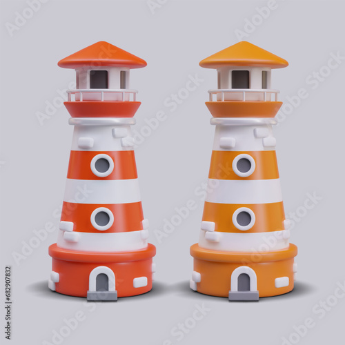 Composition of lighthouse in red and orange colors. Surveillance building in red and white colors. Vector illustration in 3d style with shadow and gray background