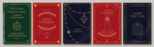 Merry Christmas card. New Year invitation design. Geometric line art style. Elegant holiday greeting card with Christmas decor, garland, gift, tree.