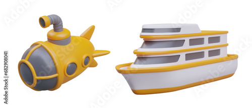 Yellow submarine, yacht. Water vehicles. Excursions on sea, ocean. Deep diving. Toy transport. Isolated color illustrations. Templates for design of online games, sites, applications
