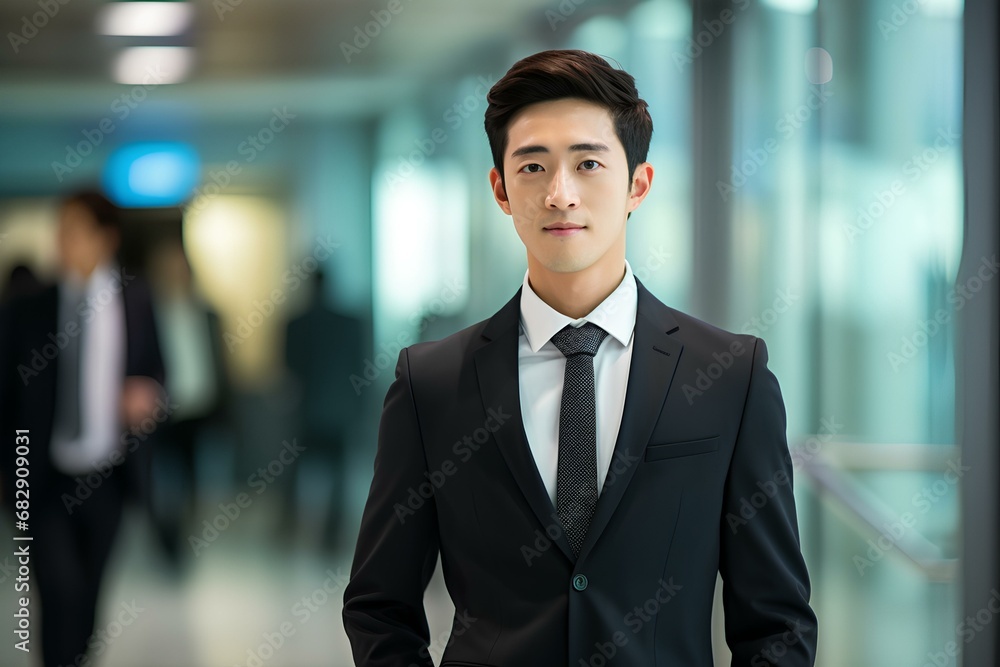 Confident korean businessman leader looking away standing in office hallway. Professional manager executive, korean male investor or entrepreneur thinking of future success. generative AI