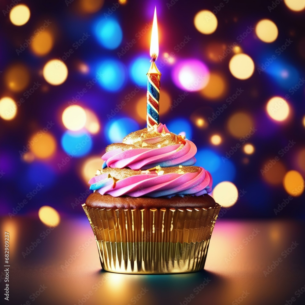 Chic Birthday Cupcake with Gold, Magenta, and Blue Cream Frosting and Candle on Colorful Blurry Light Background