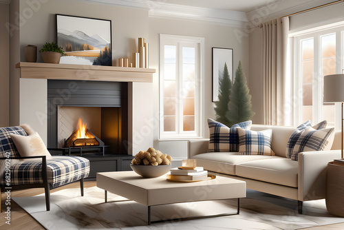 Beige sofa with plaid and fur cushion against of fireplace. Hygge  scandinavian interior design of modern living room. Generative AI 