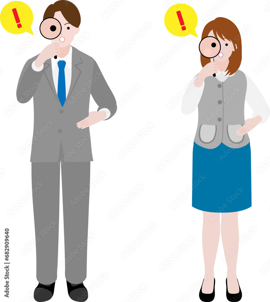 虫眼鏡で何かを発見して驚く会社員男女のイラスト