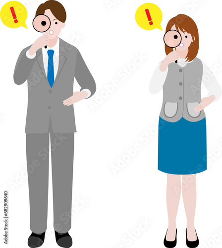 虫眼鏡で何かを発見して驚く会社員男女のイラスト