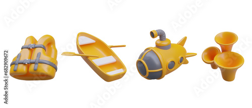 Realistic life jacket, boat with oars, bathyscaphe, tubular corals. Yellow vector image. Set for design of underwater world. Sea travel. Excursions to bottom of ocean