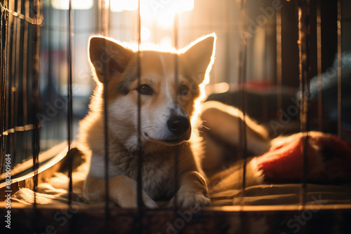 Stray homeless dog in animal shelter cage. Sad abandoned hungry dog behind old rusty grid of the cage in shelter for homeless animals. Dog adoption, rescue, help for pets photo