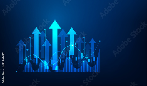 arrow up graph chart business growth on blue dark background. graph trading  stock finance increase. investment strategy to success. vector illustration digital technology fantastic design.