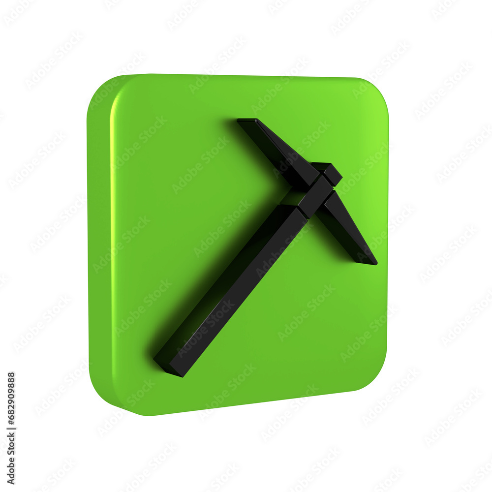 Black Pickaxe icon isolated on transparent background. Green square button. Black Pickaxe icon isolated on transparent background. Green square button.