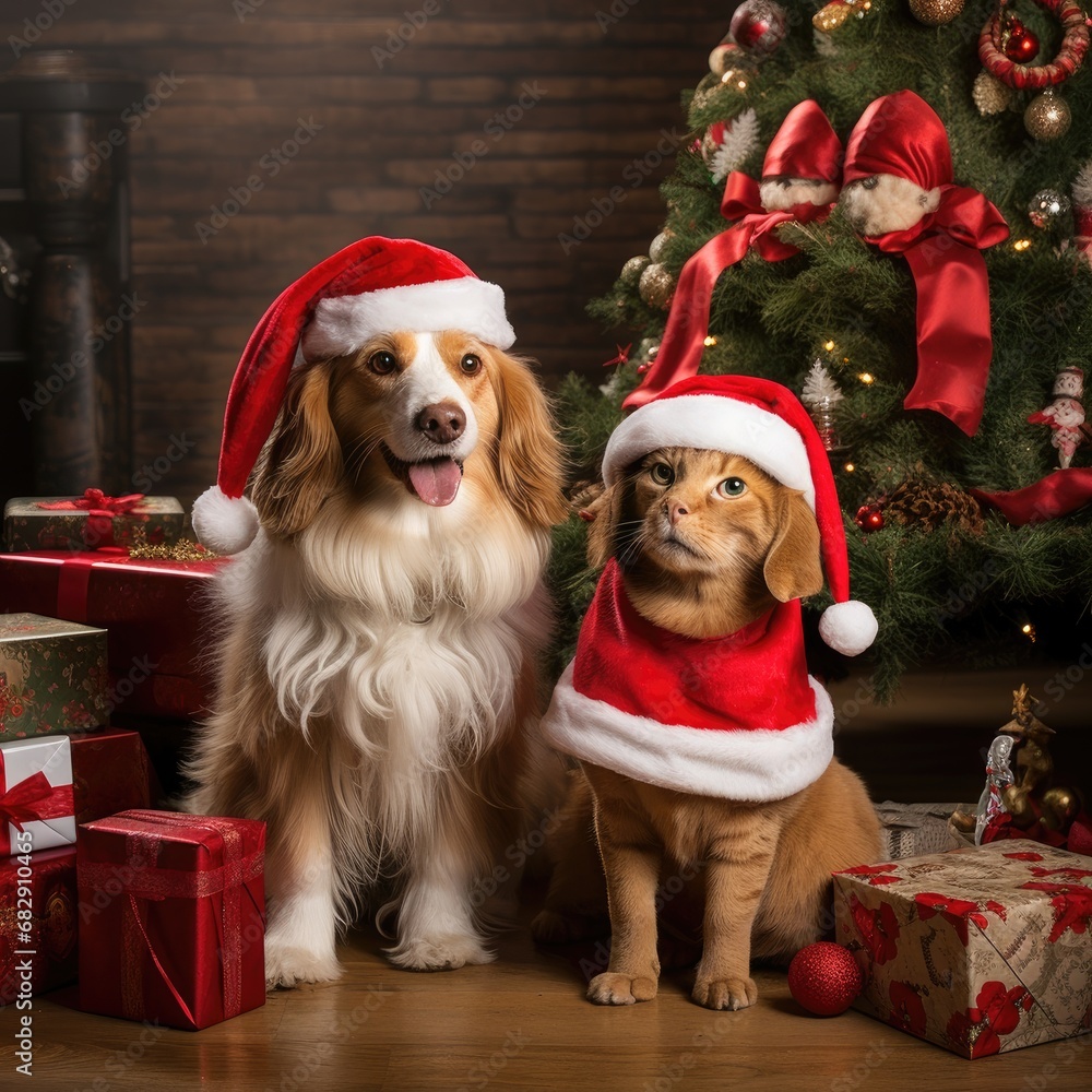 Cute dog puppy retriever with christmas gift boxes concept photo poster merry present red new year