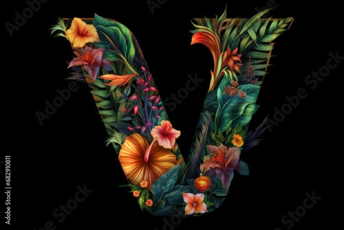 letter v  tropical style  on black background