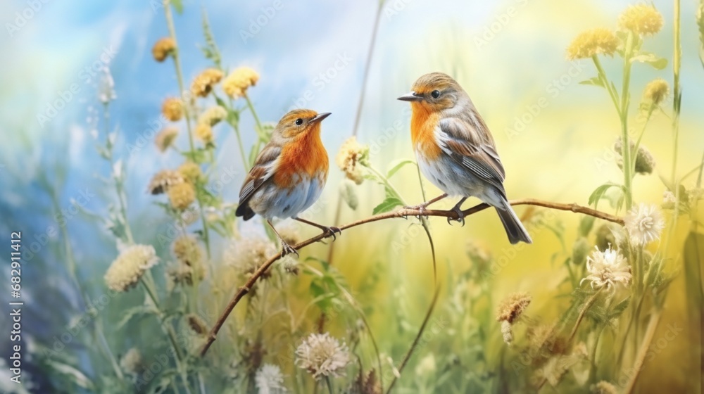 Tiny birds on a watercolor background of grass