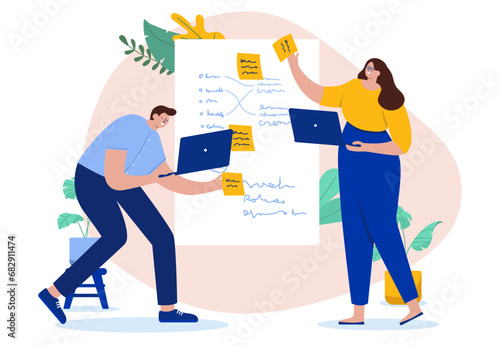 Business workshop work - Two people using sticky notes on whiteboard with scribbles, working on project plan and brainstorming together. Flat design vector illustration with white background