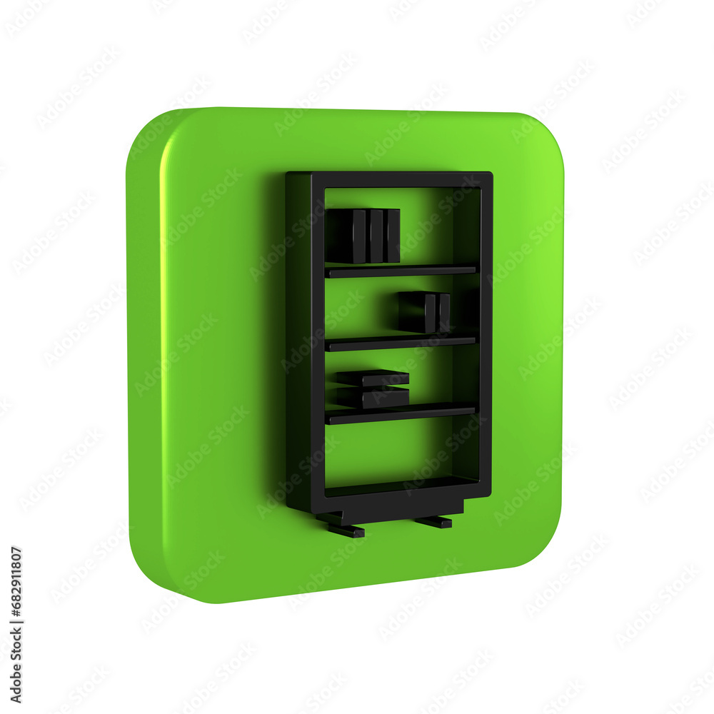 Black Library bookshelf icon isolated on transparent background. Green square button. Black Library bookshelf icon isolated on transparent background. Green square button.