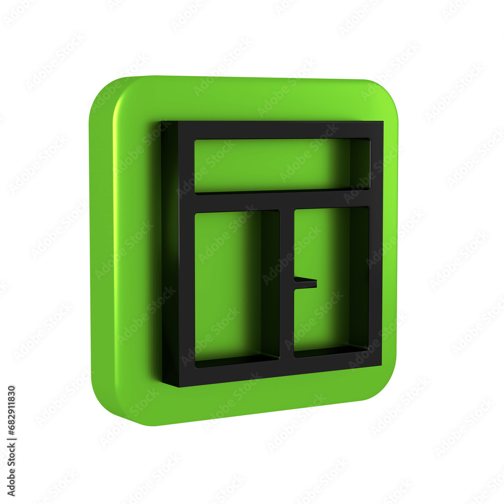 Black Window in the room icon isolated on transparent background. Green square button. Black Window in the room icon isolated on transparent background. Green square button.