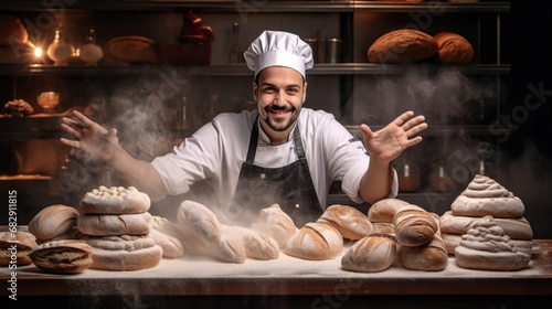 Young Hispanic attractive worker male with beard wearing apron baking bakery occupation, caucasian profession chef or homemade baker happy standing hands hold powder and recipe making bread in kitchen