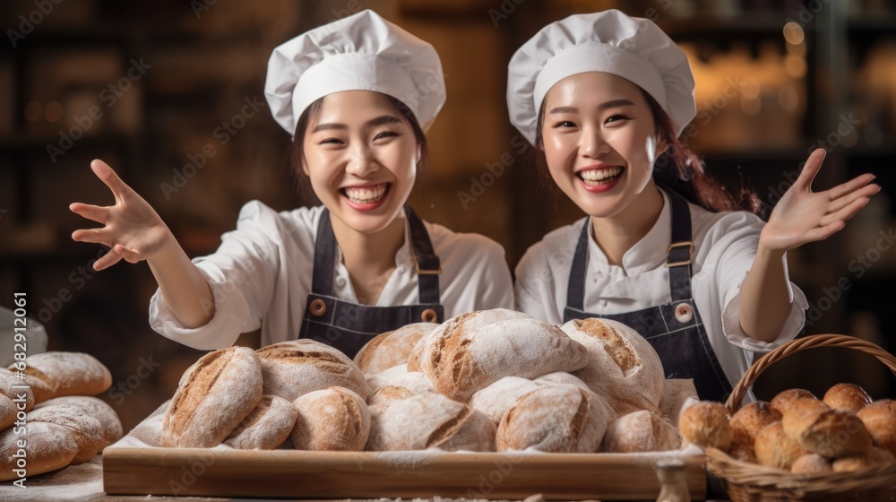 Two young Asian sibling happy smile startup open bakery shop small business partnership, workers employee female have fun present delicious bakery and breads on counter bar for selling promotion Two young Asian sibling happy smile startup open bakery shop small business partnership, workers employee female have fun present delicious bakery and breads on counter bar for selling promotion