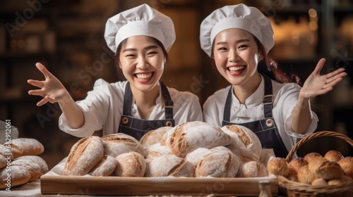 Two young Asian sibling happy smile startup open bakery shop small business partnership, workers employee female have fun present delicious bakery and breads on counter bar for selling promotion
