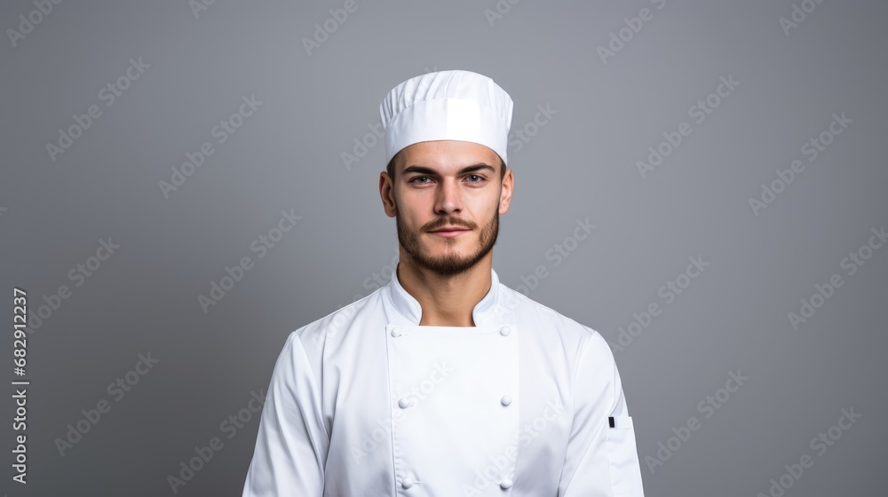 Portrait of young attractive chef in white uniform for large cuisine or restaurant, Caucasion worker, cooker or waiter man standing in front of background, young restaurant small business entrepreneur Portrait of young attractive chef in white uniform for large cuisine or restaurant, Caucasion worker, cooker or waiter man standing in front of background, young restaurant small business entrepreneur