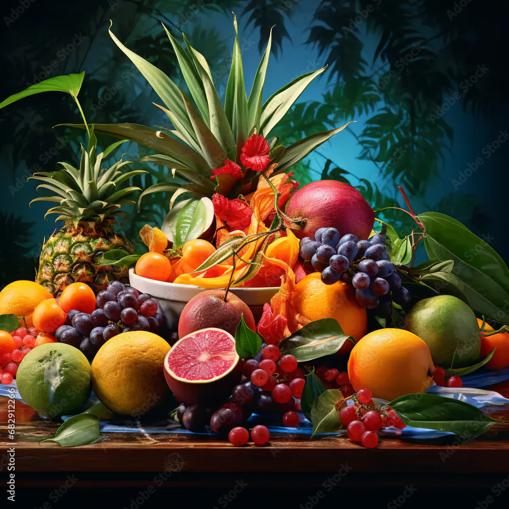 summer fresh fruit on a light wooden table on a black background. AI Generation