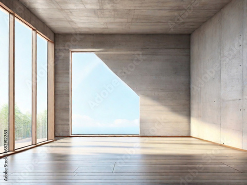 Interno vuoto della stanza con pareti di cemento, pavimento in legno scuro con luce soffusa proveniente dalla finestra. Atmosfera soft photo